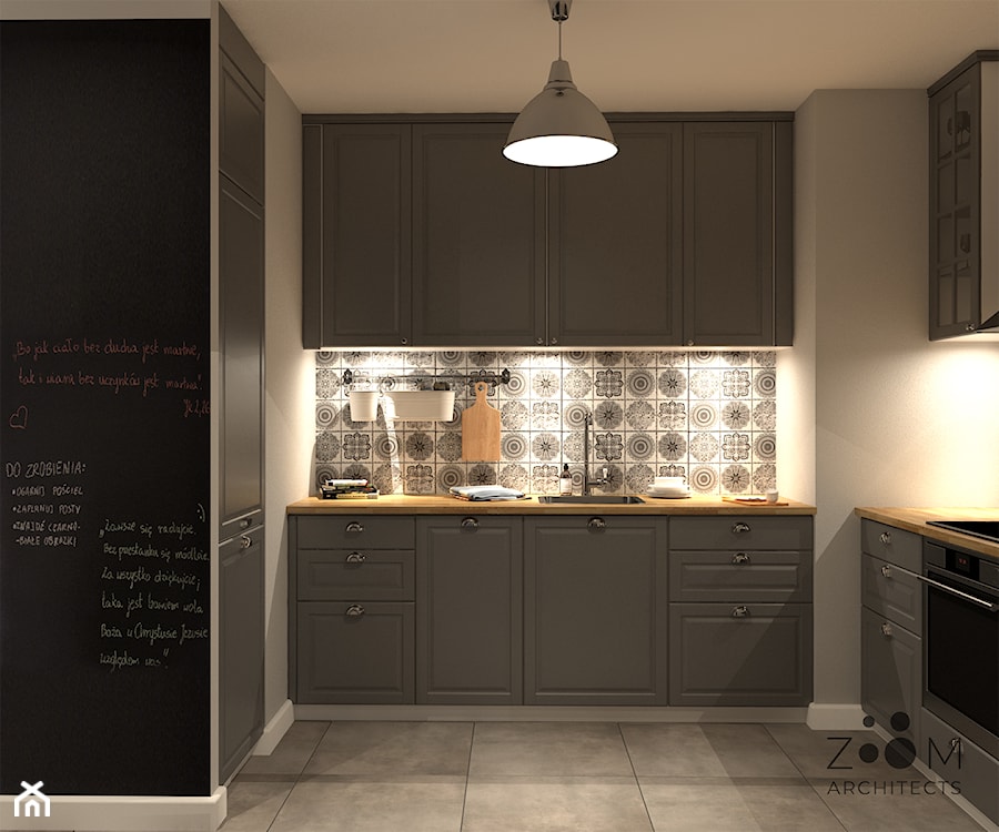 Przytulne szarości pod wynajem - Średnia otwarta szara z zabudowaną lodówką z nablatowym zlewozmywakiem kuchnia w kształcie litery u, styl glamour - zdjęcie od Zoom Architects