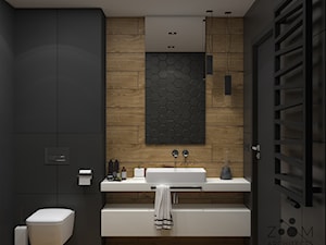Grafitowe wnętrze z elementami drewna - Mała bez okna z lustrem z punktowym oświetleniem łazienka, styl nowoczesny - zdjęcie od Zoom Architects