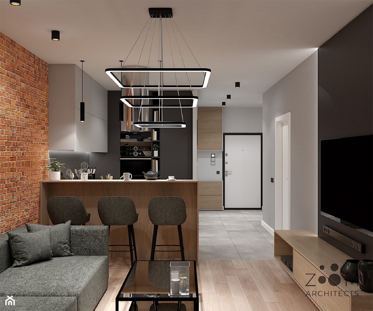 Nowoczesność z loftowymi akcentami - Mały czarny szary salon z kuchnią z jadalnią, styl nowoczesny - zdjęcie od Zoom Architects - Homebook
