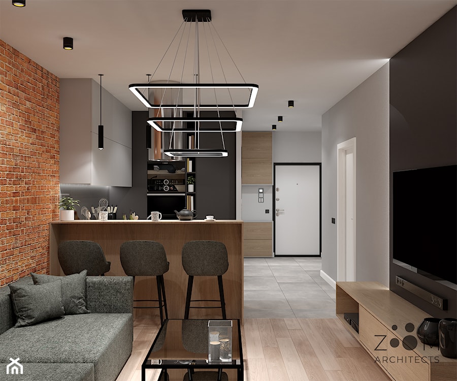 Nowoczesność z loftowymi akcentami - Mały czarny szary salon z kuchnią z jadalnią, styl nowoczesny - zdjęcie od Zoom Architects