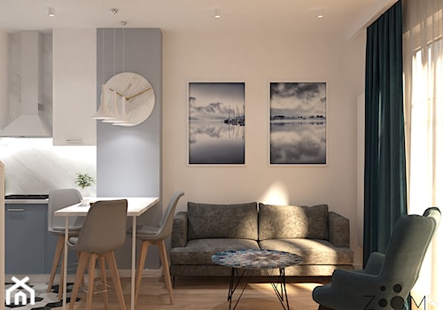 Powiew błękitu - Mały biały szary salon z kuchnią z jadalnią, styl skandynawski - zdjęcie od Zoom Architects