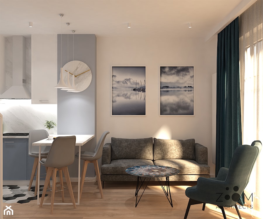 Powiew błękitu - Mały biały szary salon z kuchnią z jadalnią, styl skandynawski - zdjęcie od Zoom Architects