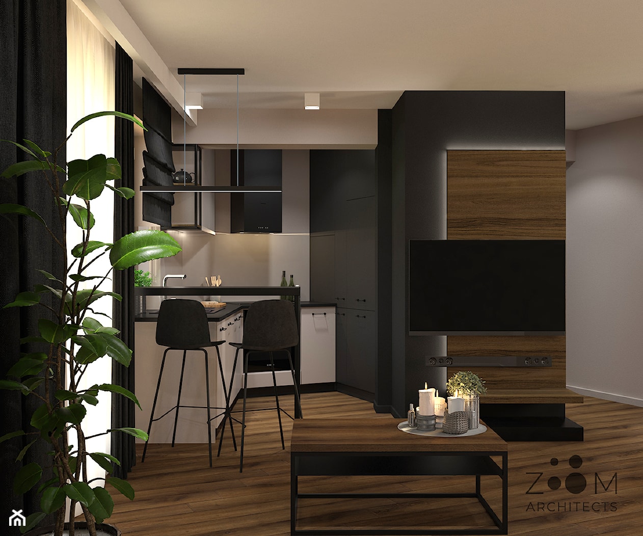 Ciepłe, czarne, drewno - Salon, styl nowoczesny - zdjęcie od Zoom Architects - Homebook