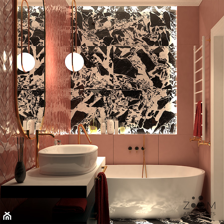 W kobiecych barwach - Mała bez okna z lustrem z marmurową podłogą łazienka, styl glamour - zdjęcie od Zoom Architects