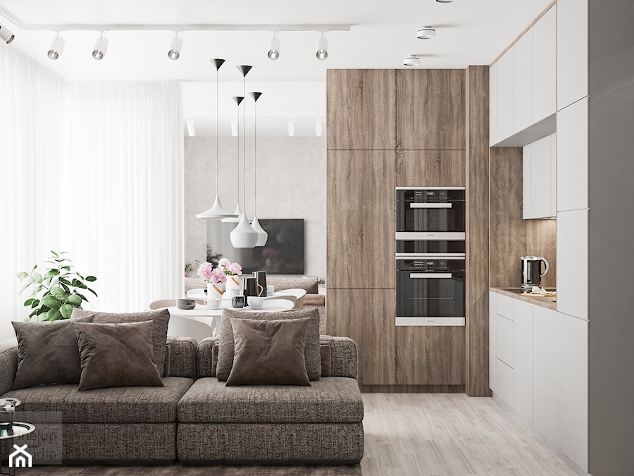Mieszkanie w Warszawie - Szary salon z kuchnią z jadalnią, styl nowoczesny - zdjęcie od LINEUP STUDIO