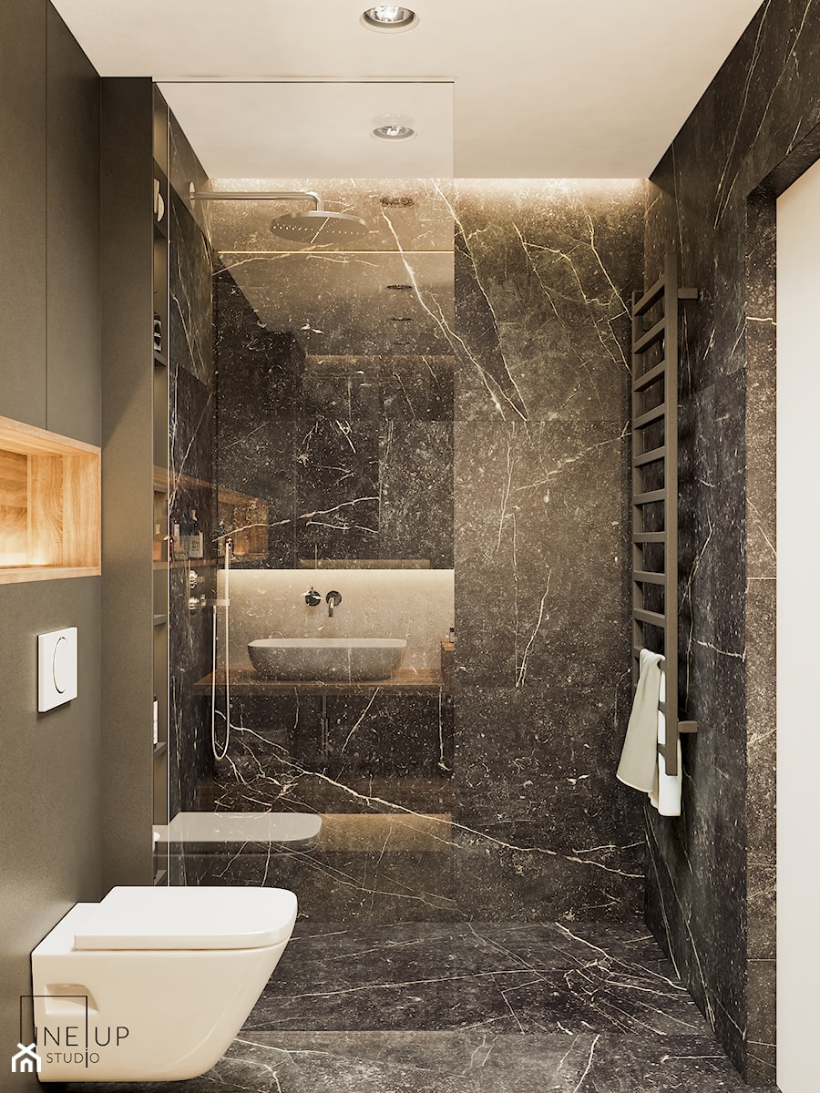 Akcenty na 40mkw - Mała bez okna z marmurową podłogą z punktowym oświetleniem łazienka, styl nowoczesny - zdjęcie od LINEUP STUDIO