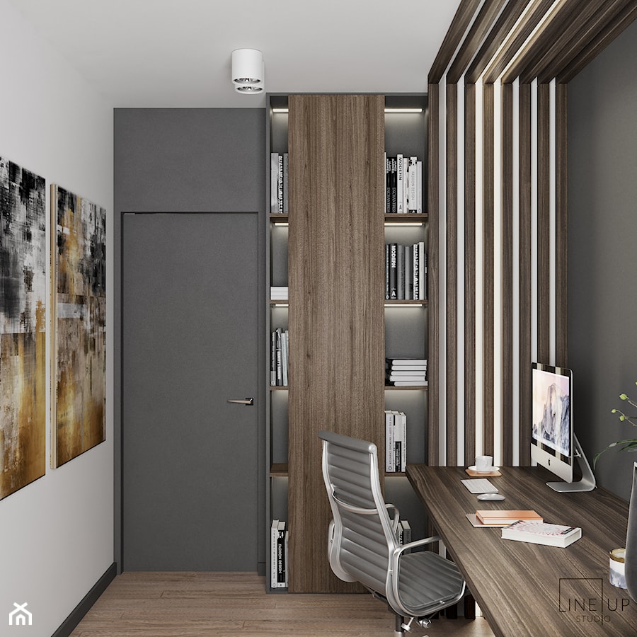 Apartament Nad Wisłą - Małe w osobnym pomieszczeniu z zabudowanym biurkiem białe szare biuro, styl nowoczesny - zdjęcie od LINEUP STUDIO
