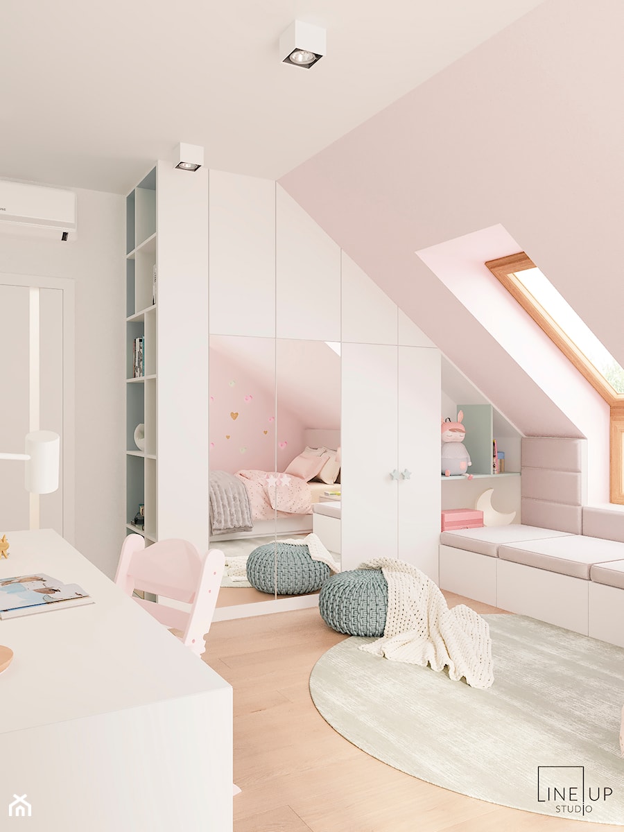 Dom jednorodzinny pod Krakowem - Duży biały różowy pokój dziecka dla nastolatka dla dziewczynki, s ... - zdjęcie od LINEUP STUDIO