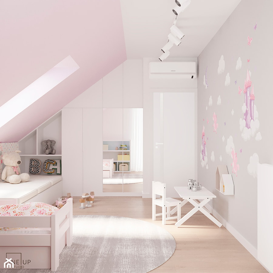 Dom jednorodzinny pod Krakowem - Duży różowy szary pokój dziecka dla dziecka dla dziewczynki, styl nowoczesny - zdjęcie od LINEUP STUDIO