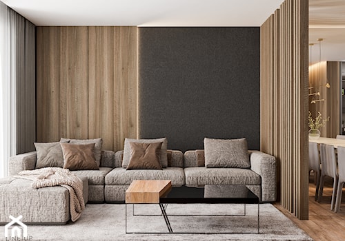 Projekt mieszkania na Warszawskim Mokotowie - Średni beżowy czarny salon z jadalnią, styl minimalistyczny - zdjęcie od LINEUP STUDIO