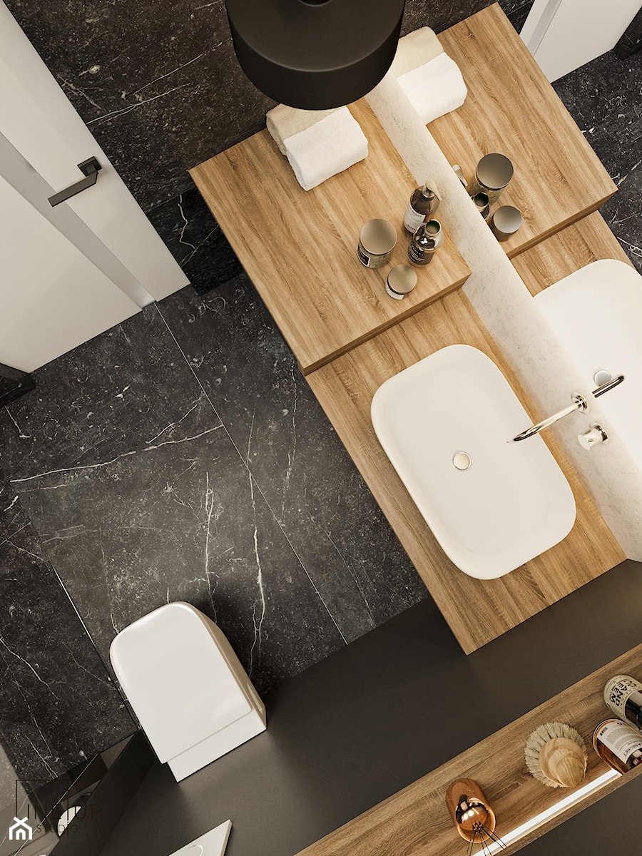 Akcenty na 40mkw - Mała z lustrem z marmurową podłogą łazienka, styl nowoczesny - zdjęcie od LINEUP STUDIO