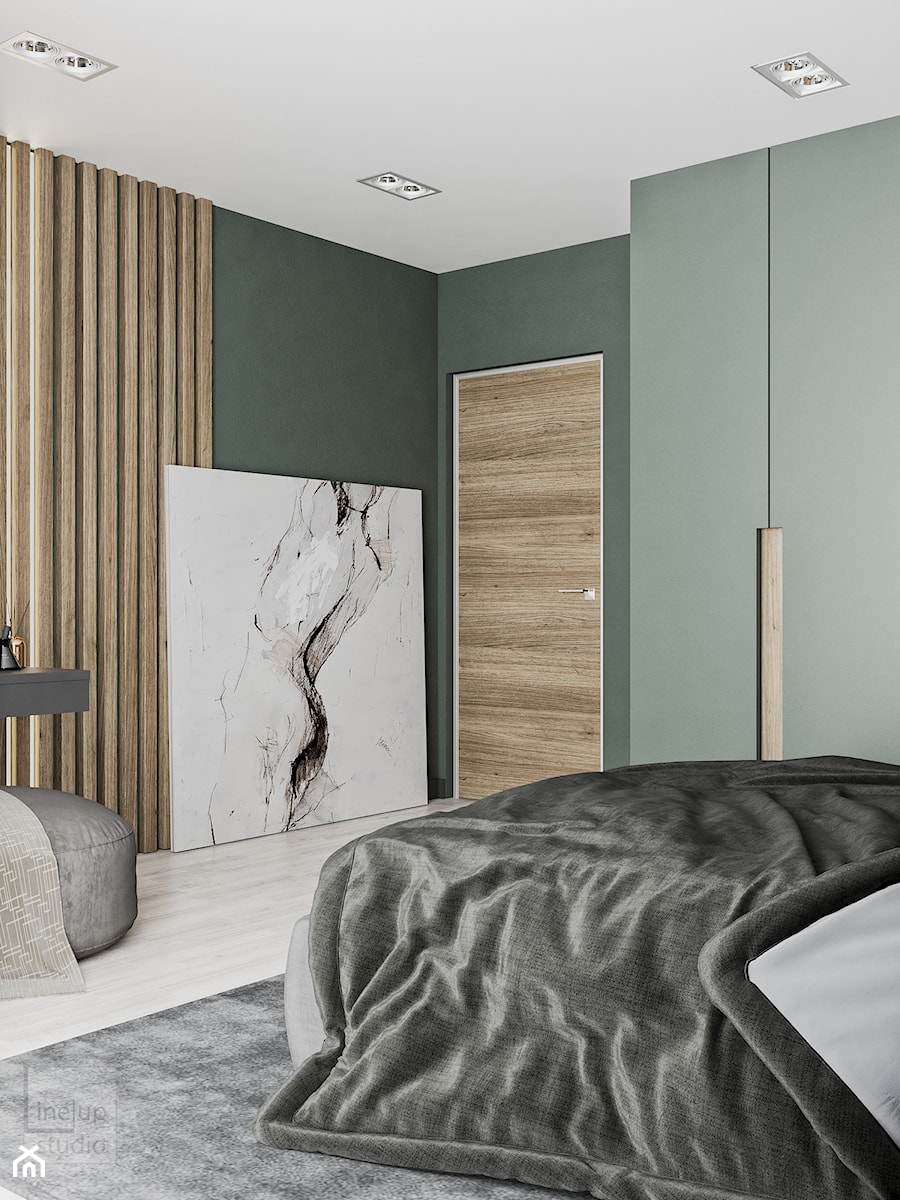 Minimal Green - Średnia beżowa zielona sypialnia, styl minimalistyczny - zdjęcie od LINEUP STUDIO