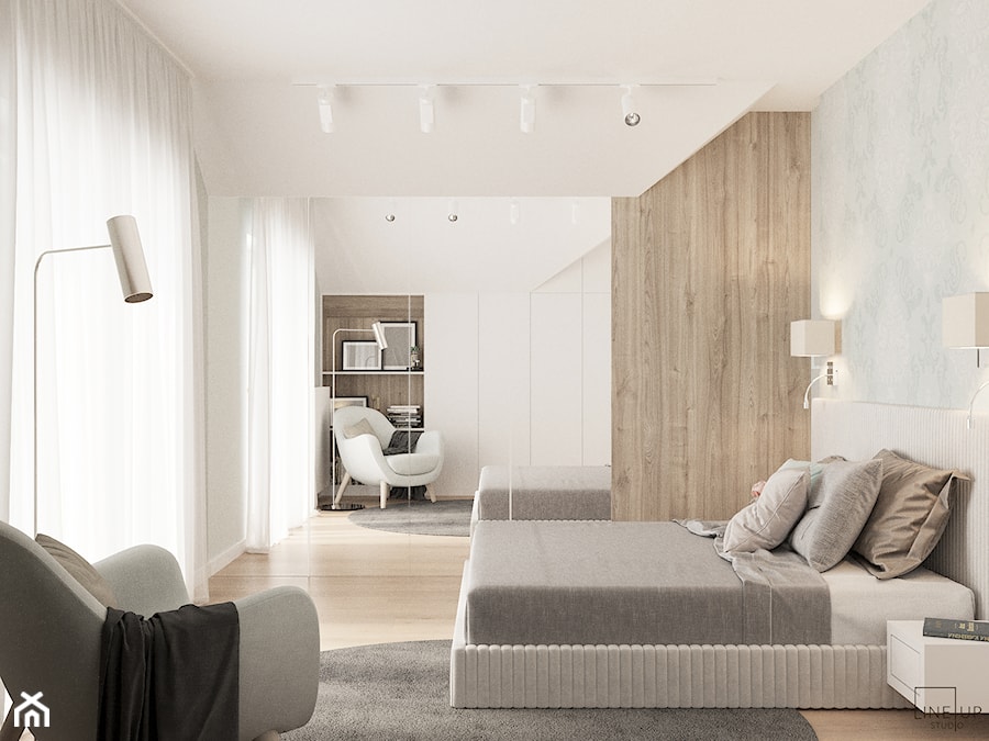 Dom jednorodzinny pod Krakowem - Średnia biała szara sypialnia na poddaszu, styl nowoczesny - zdjęcie od LINEUP STUDIO
