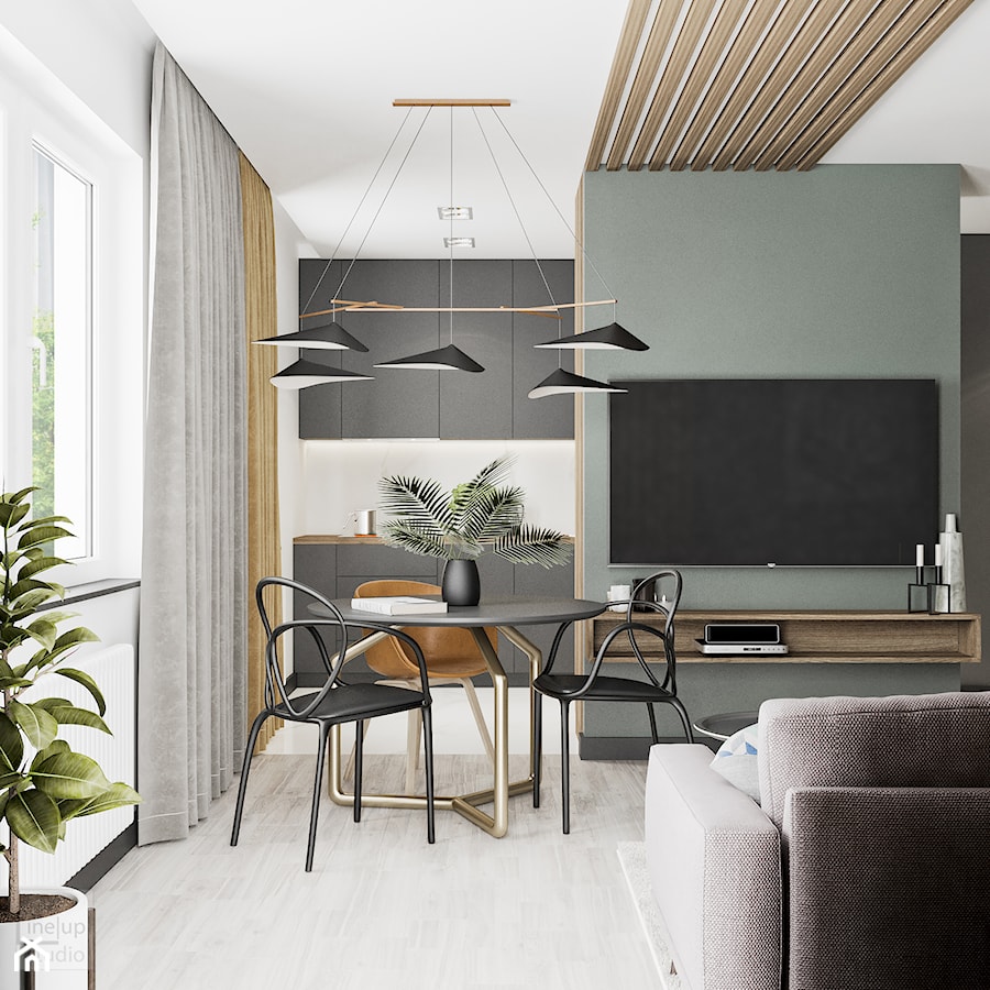 Minimal Green - Średni biały szary salon z kuchnią z jadalnią, styl minimalistyczny - zdjęcie od LINEUP STUDIO