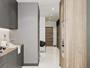 Minimal Green - Średnia otwarta biała szara z zabudowaną lodówką z nablatowym zlewozmywakiem kuchnia dwurzędowa z marmurową podłogą, styl minimalistyczny - zdjęcie od LINEUP STUDIO