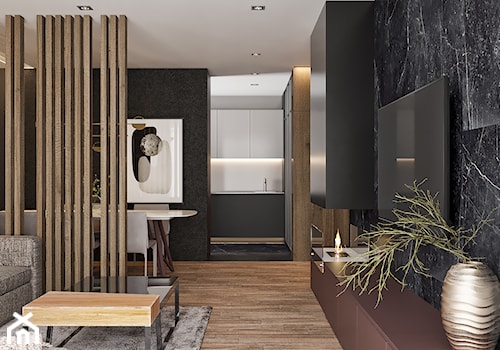 Projekt mieszkania na Warszawskim Mokotowie - Średni czarny salon z kuchnią z jadalnią, styl minimalistyczny - zdjęcie od LINEUP STUDIO