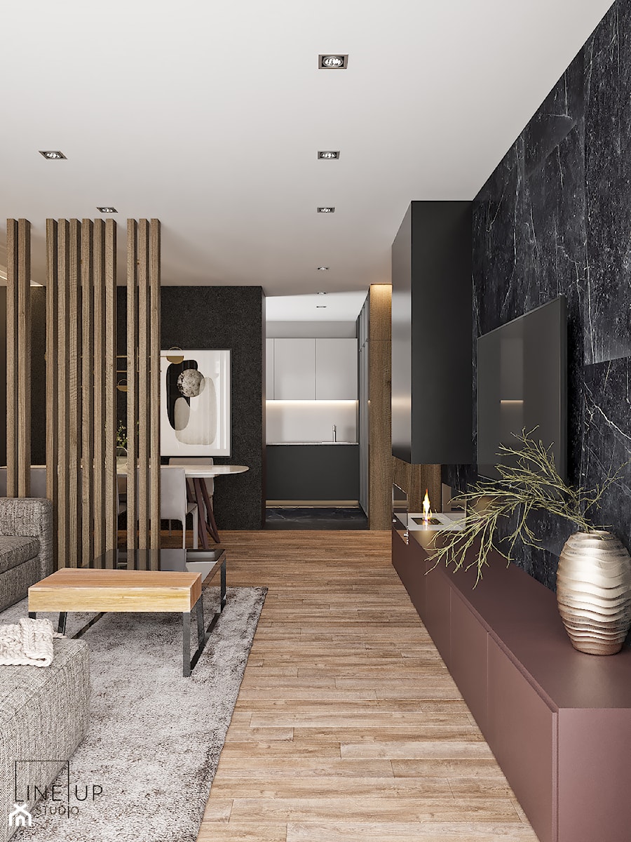 Projekt mieszkania na Warszawskim Mokotowie - Średni czarny salon z kuchnią z jadalnią, styl minimalistyczny - zdjęcie od LINEUP STUDIO