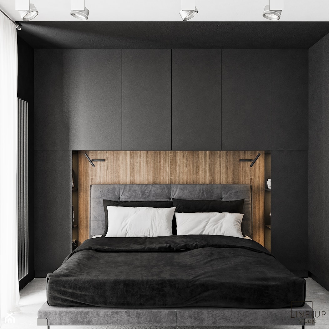 Akcenty na 40mkw - Mała beżowa czarna sypialnia, styl minimalistyczny - zdjęcie od LINEUP STUDIO - Homebook
