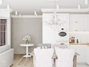 Neoklasyk Pod Krakowem - Średnia otwarta z salonem z kamiennym blatem biała szara z zabudowaną lodówką kuchnia w kształcie litery l, styl tradycyjny - zdjęcie od LINEUP STUDIO