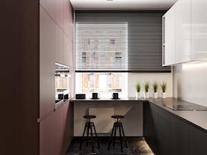 Projekt mieszkania na Warszawskim Mokotowie - Średnia zamknięta z kamiennym blatem szara z zabudowaną lodówką z nablatowym zlewozmywakiem kuchnia w kształcie litery u z oknem z marmurową podłogą, styl minimalistyczny - zdjęcie od LINEUP STUDIO