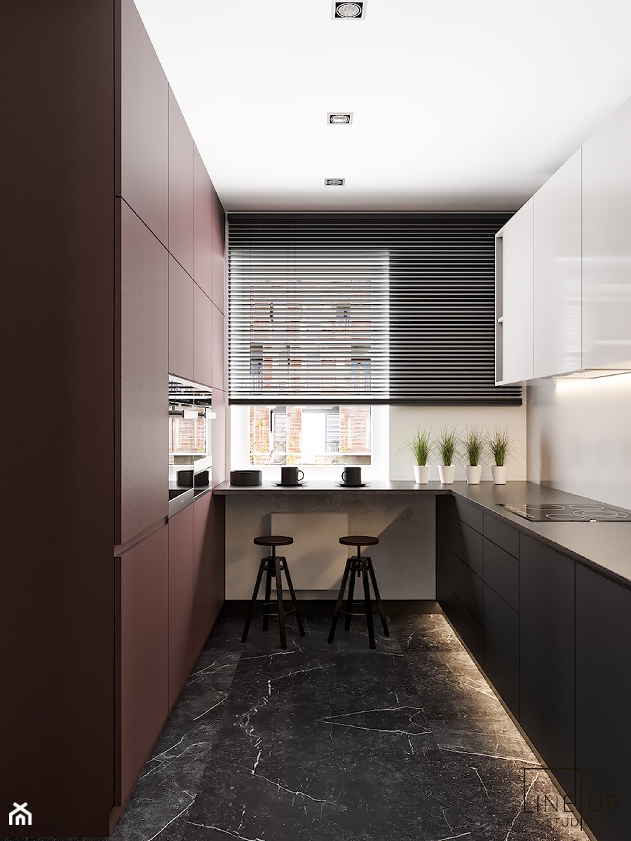 Projekt mieszkania na Warszawskim Mokotowie - Średnia zamknięta z kamiennym blatem szara z zabudowaną lodówką z nablatowym zlewozmywakiem kuchnia w kształcie litery u z oknem z marmurową podłogą, styl minimalistyczny - zdjęcie od LINEUP STUDIO