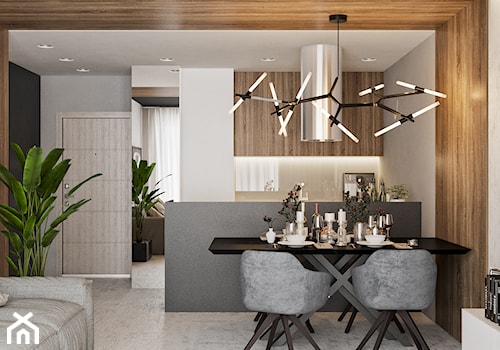 Akcenty na 40mkw - Średni biały szary salon z kuchnią z jadalnią, styl minimalistyczny - zdjęcie od LINEUP STUDIO