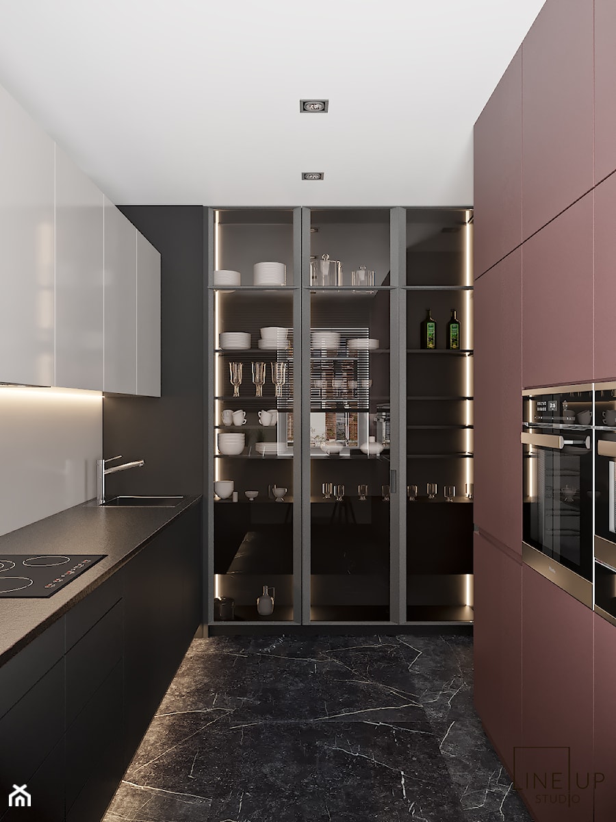 Projekt mieszkania na Warszawskim Mokotowie - Średnia zamknięta z kamiennym blatem czarna szara z zabudowaną lodówką z nablatowym zlewozmywakiem kuchnia w kształcie litery l z marmurową podłogą, styl minimalistyczny - zdjęcie od LINEUP STUDIO
