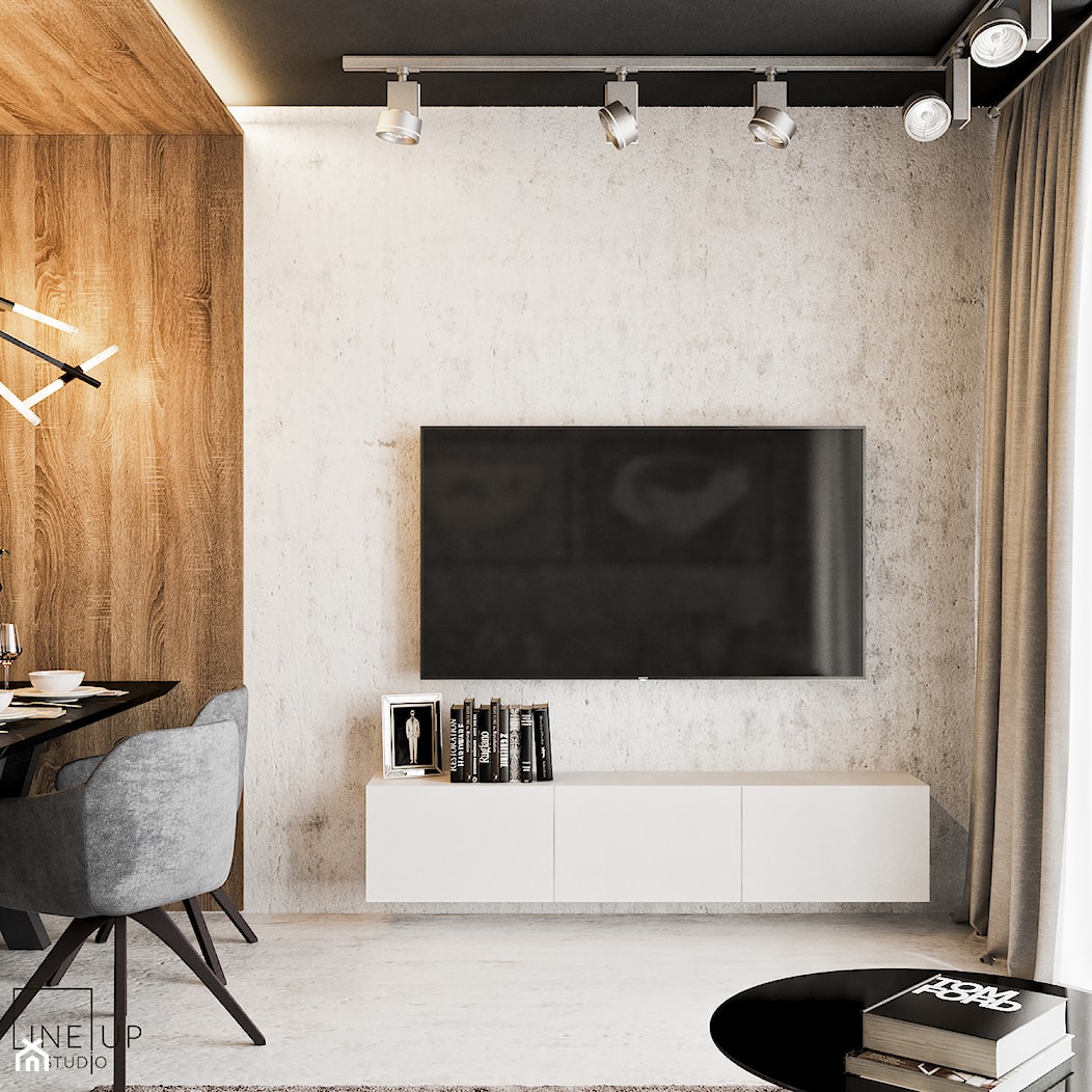 Akcenty na 40mkw - Mały szary salon z jadalnią, styl minimalistyczny - zdjęcie od LINEUP STUDIO - Homebook