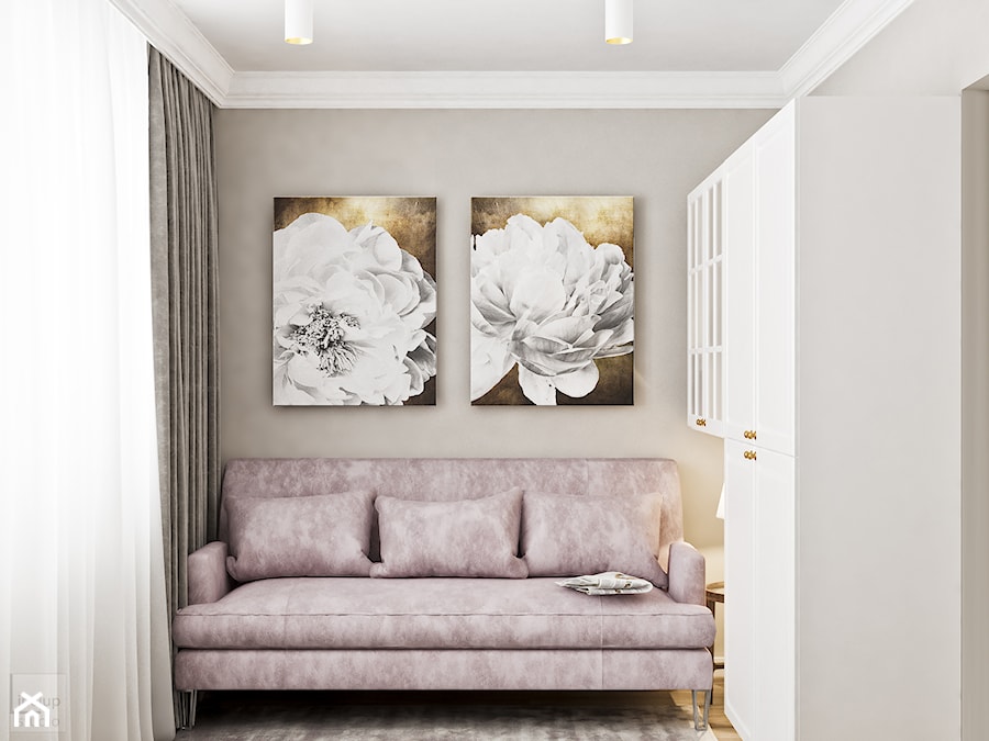 Neoklasyk Pod Krakowem - Małe z sofą beżowe białe biuro, styl glamour - zdjęcie od LINEUP STUDIO