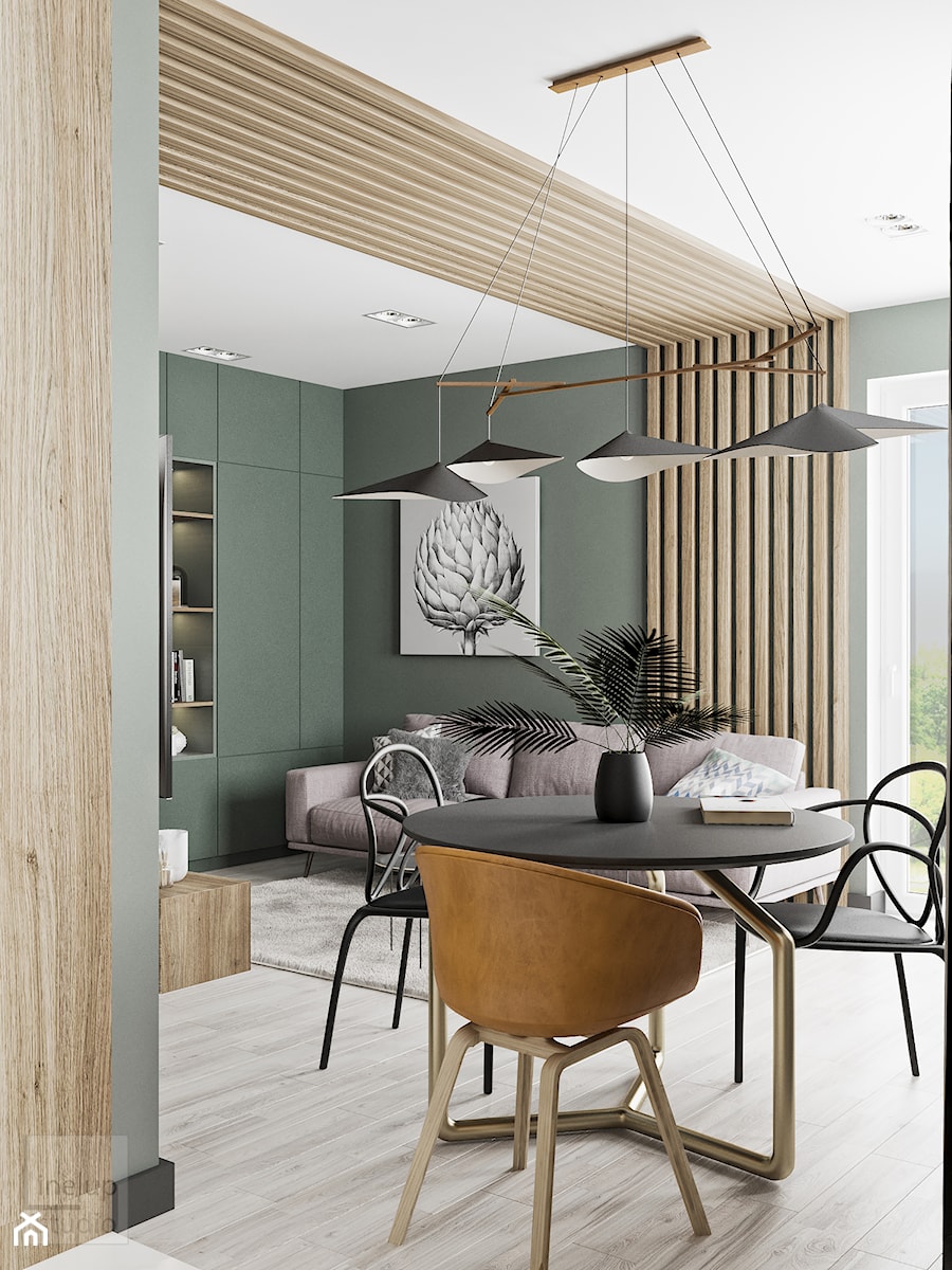 Minimal Green - Mała beżowa zielona jadalnia w salonie, styl minimalistyczny - zdjęcie od LINEUP STUDIO