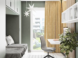 Minimal Green - Mały szary zielony z panelami tapicerowanymi pokój dziecka dla nastolatka dla dziewczynki, styl minimalistyczny - zdjęcie od LINEUP STUDIO
