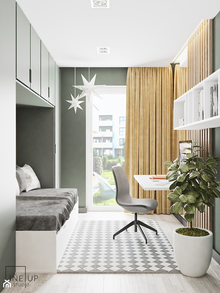 Minimal Green - Mały szary zielony z panelami tapicerowanymi pokój dziecka dla nastolatka dla dziewczynki, styl minimalistyczny - zdjęcie od LINEUP STUDIO