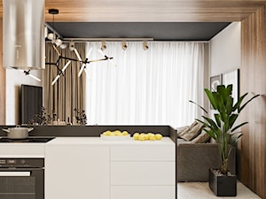 Akcenty na 40mkw - Otwarta z salonem biała z zabudowaną lodówką kuchnia jednorzędowa z oknem z marmurową podłogą, styl minimalistyczny - zdjęcie od LINEUP STUDIO