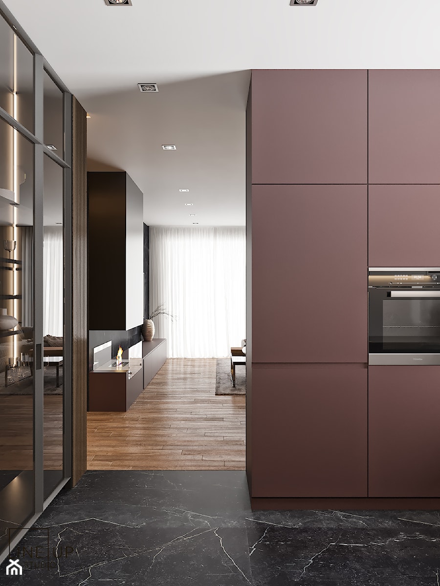 Projekt mieszkania na Warszawskim Mokotowie - Średnia otwarta z zabudowaną lodówką kuchnia w kształcie litery l z marmurową podłogą, styl minimalistyczny - zdjęcie od LINEUP STUDIO