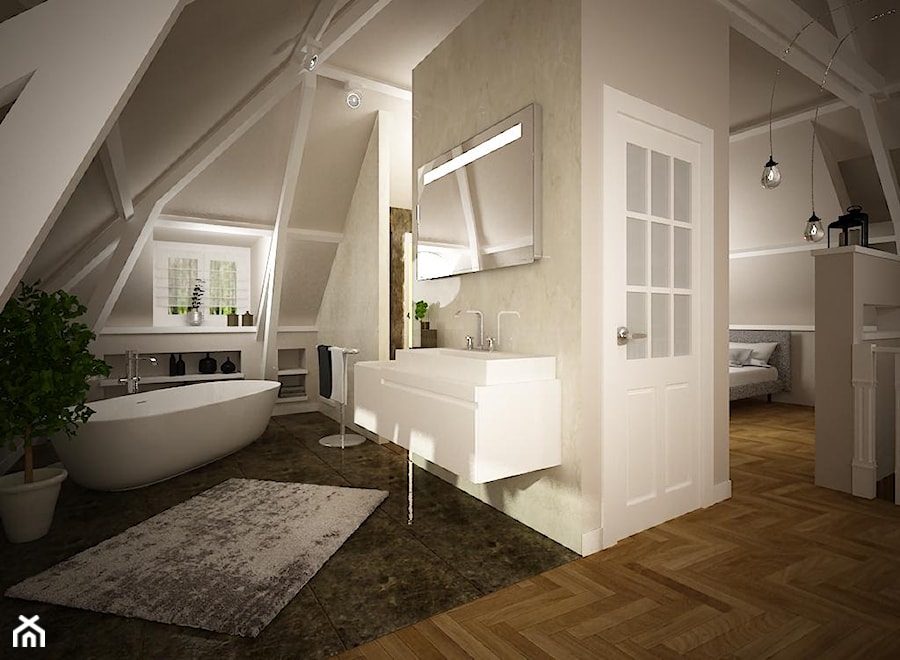 Łazienka z sypialnią na poddaszu w stylu eklektycznym - zdjęcie od Inside Projekty Wnętrz. Małgorzata Więch