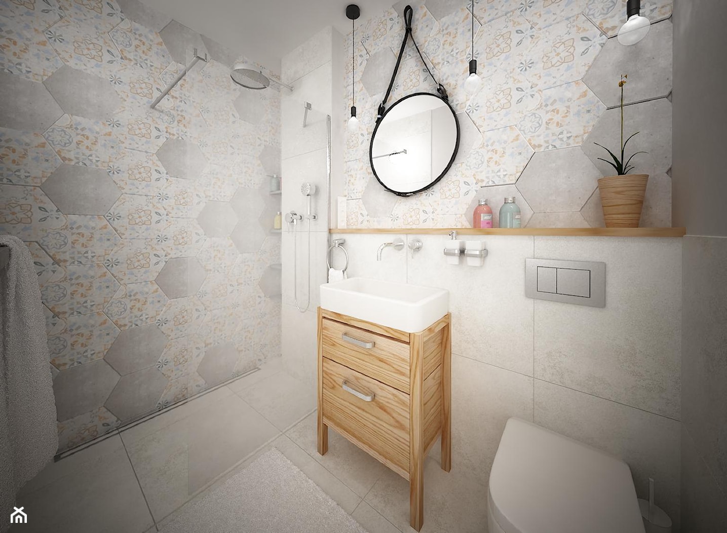 Łazienka w stylu skandynawskim z oprawą w stylu boho - zdjęcie od Inside Projekty Wnętrz. Małgorzata Więch - Homebook