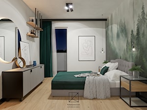 Nowoczesna sypialnia z zielonymi akcentami i leśną fototapetą - zdjęcie od Katarzyna Grot Architektura Wnętrz