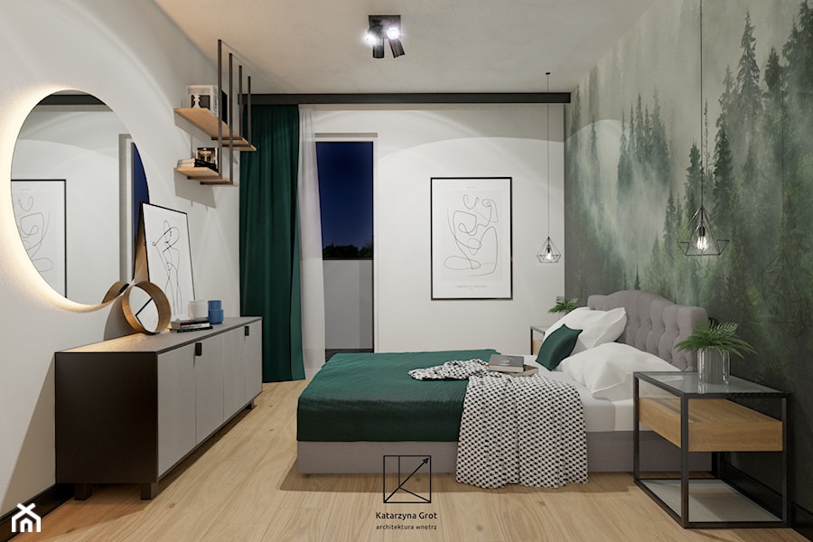 Nowoczesna sypialnia z zielonymi akcentami i leśną fototapetą - zdjęcie od Katarzyna Grot Architektura Wnętrz