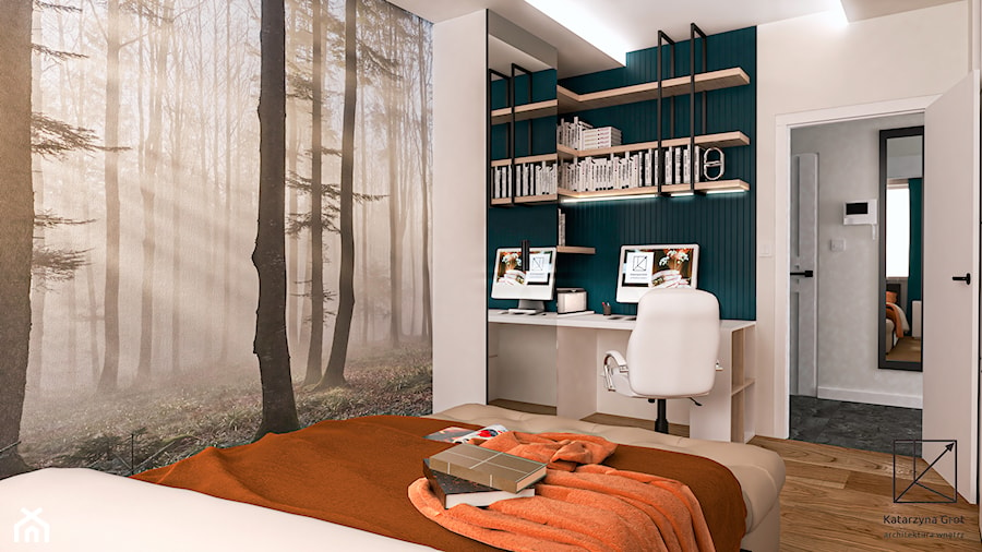 Sypialnia z fototapetą z lasem - zdjęcie od Katarzyna Grot Architektura Wnętrz