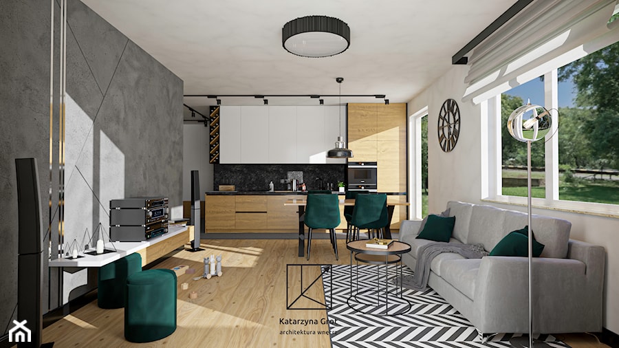 Nowoczesny salon z zielonymi akcentami i loftowym klimatem - zdjęcie od Katarzyna Grot Architektura Wnętrz