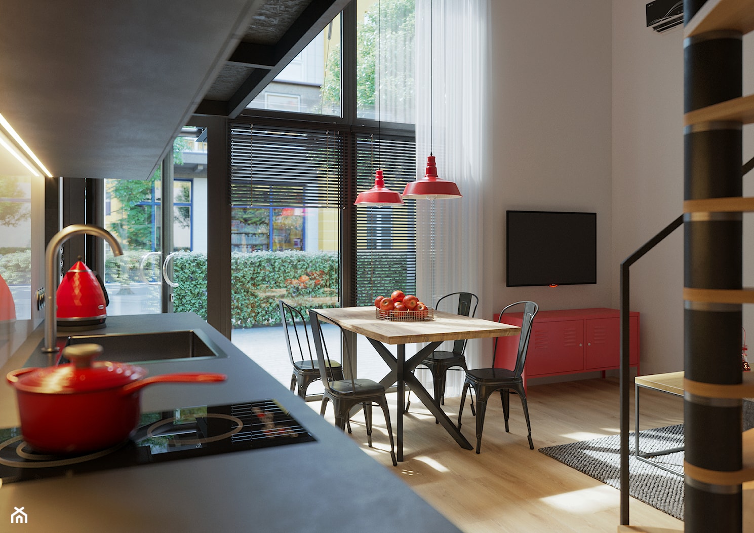 BANDURSKIEGO - Mała otwarta z salonem z kamiennym blatem szara z zabudowaną lodówką z nablatowym zlewozmywakiem kuchnia jednorzędowa z oknem, styl industrialny - zdjęcie od Simple Art Form - Homebook