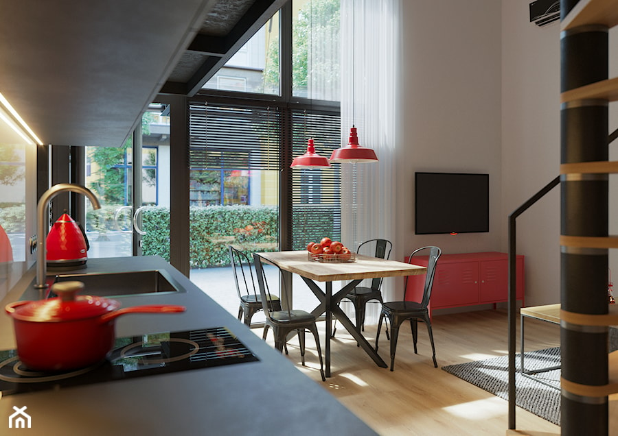 BANDURSKIEGO - Mała otwarta z salonem z kamiennym blatem szara z zabudowaną lodówką z nablatowym zlewozmywakiem kuchnia jednorzędowa z oknem, styl industrialny - zdjęcie od Simple Art Form