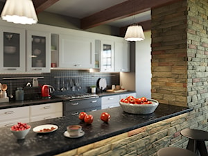 Rocky Mountain - Duża otwarta z kamiennym blatem biała z zabudowaną lodówką kuchnia jednorzędowa, styl rustykalny - zdjęcie od Simple Art Form