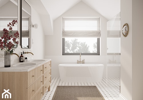 Obra - Duża z lustrem z dwoma umywalkami łazienka z oknem, styl tradycyjny - zdjęcie od Studio Salve Wnętrza