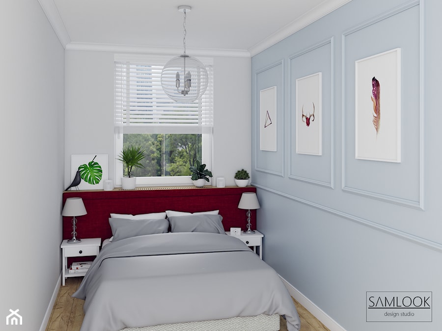Projekt mieszkania w Warszawie. - Mała biała szara sypialnia - zdjęcie od SAMLOOK DESIGN STUDIO