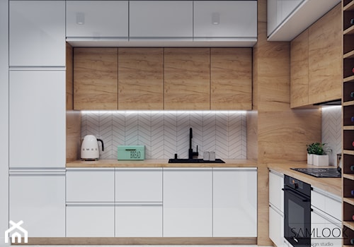 Nowoczesna kuchnia - Średnia otwarta z salonem biała z zabudowaną lodówką z nablatowym zlewozmywakiem kuchnia w kształcie litery l, styl nowoczesny - zdjęcie od SAMLOOK DESIGN STUDIO