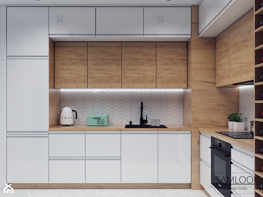 Nowoczesna kuchnia - Średnia otwarta z salonem biała z zabudowaną lodówką z nablatowym zlewozmywakiem kuchnia w kształcie litery l, styl nowoczesny - zdjęcie od SAMLOOK DESIGN STUDIO