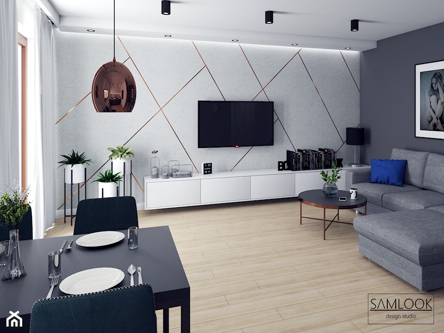Nowoczesne mieszkanie w Warszawie - Średni biały szary salon z jadalnią, styl nowoczesny - zdjęcie od SAMLOOK DESIGN STUDIO