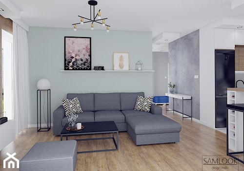 Projekt mieszkania w stylu nowoczesnym. - Średni szary zielony salon z kuchnią, styl nowoczesny - zdjęcie od SAMLOOK DESIGN STUDIO