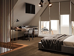 Elbląg - 2-poziomowe mieszkanie w stylu minimalistycznym - Średnia szara z biurkiem sypialnia na poddaszu z balkonem / tarasem, styl minimalistyczny - zdjęcie od ABD Projects